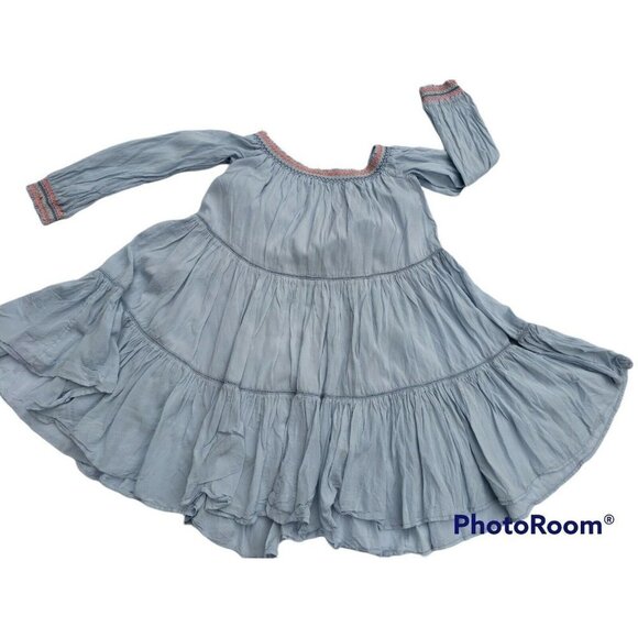 FREE PEOPLE Sunbeams Mini Dress Light Blue Smocked Embroidered Small Boho Dainty - Picture 6 of 12